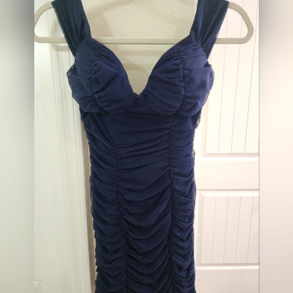 Crystal Doll Navy Ruched Mini Dress - Picture 1 of 3